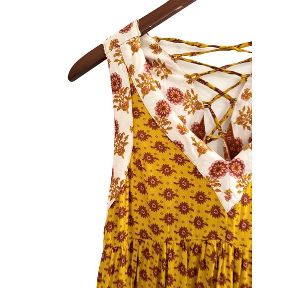 Baevely Large MUSTARD PATTERN TIE BACK MINI DRESS Boho Cottage Bohemian Sexy L - Picture 6 of 8